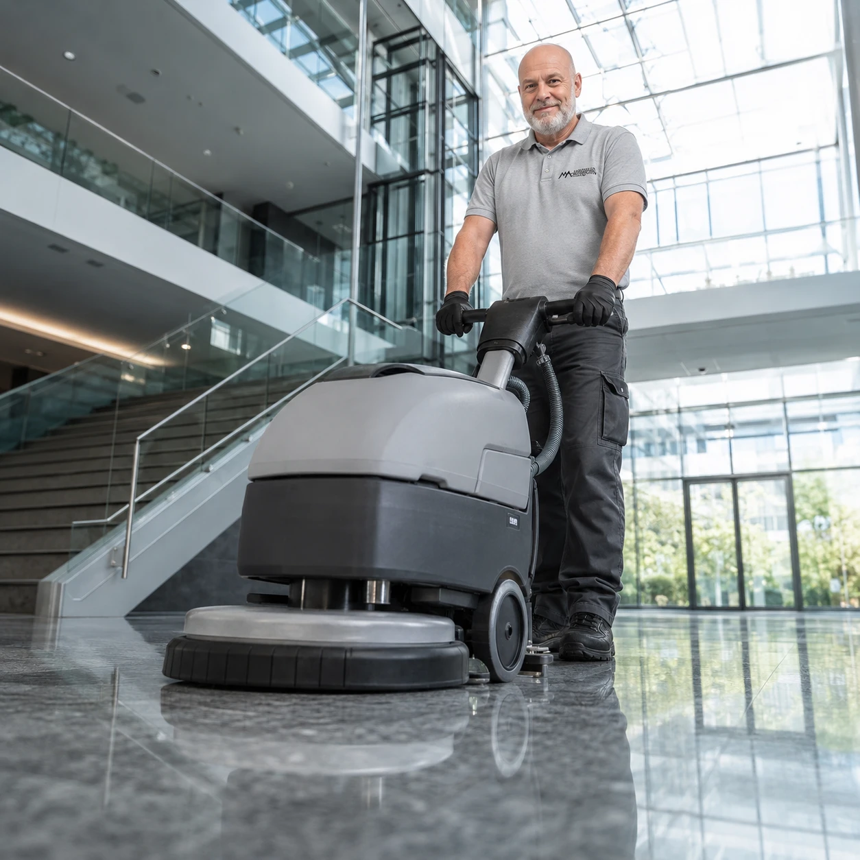 Professionelle Gebäudereinigung und Bodenreinigung in modernem Atrium