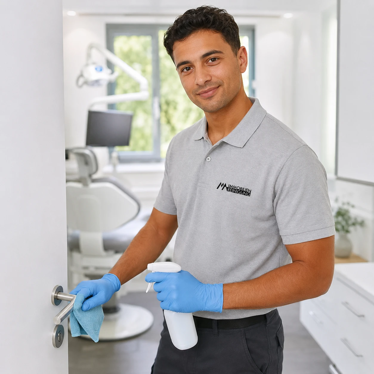 Saubere Praxis mit freundlichem Reinigungsprofi